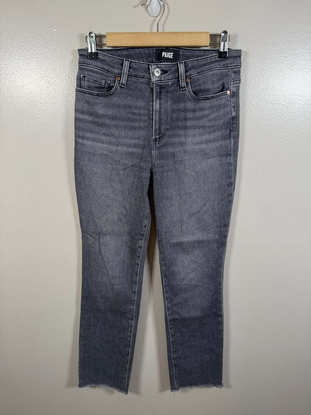 Paige Cindy High Rise Straight Leg Jeans Size 28 Gray Raw Hem Stretch Denim